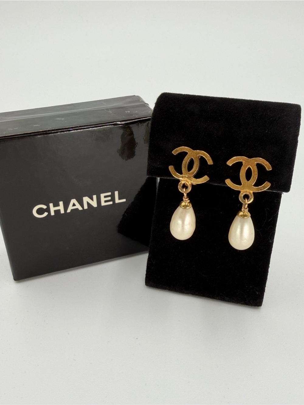 CHANEL Vintage CC Logo Earrings with Pearl Drops Circa 1995 w/Chanel Box